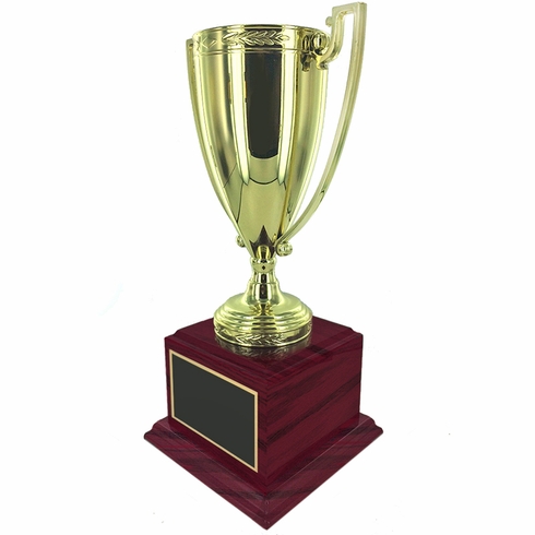 13-3/4 INCH HEIGHT BRIGHT GOLD METAL CUP TROPHY ON ROSEWOOD PIANO FINISH BASE