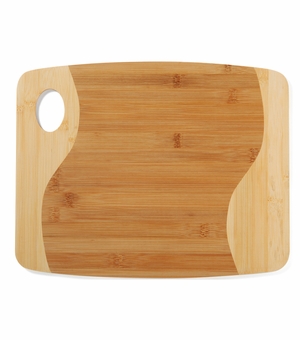 13-3/4 x 11 INCH GENUINE BAMBOO WOOD TWO-TONED CUTTING BOARD WITH OVAL INSET HANDLE