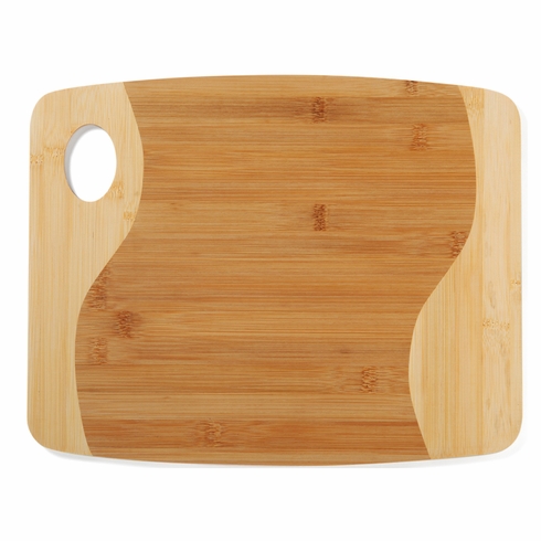 13-3/4 x 11 INCH GENUINE BAMBOO WOOD TWO-TONED CUTTING BOARD WITH OVAL INSET HANDLE