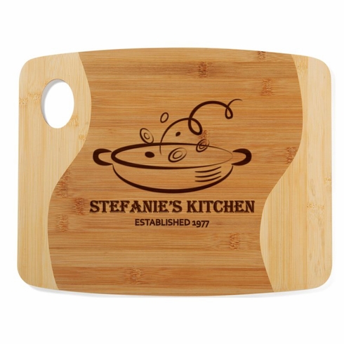 13-3/4 x 11 INCH GENUINE BAMBOO WOOD TWO-TONED CUTTING BOARD WITH OVAL INSET HANDLE