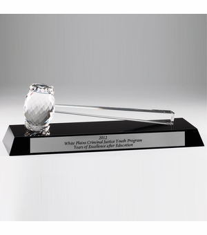 13-3/4" X 4-1/4" OPTICAL CRYSTAL GAVEL AND BASE AWARD BLACK FACET CUT REFLECTIVE SILVER BASE