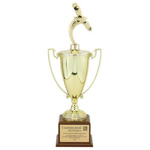 25-1/2 INCH TROPHY WITH 13 INCH GOLD CUP ON WALNUT BASE