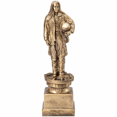 13 INCH ANTIQUE GOLD FEMALE FIREFIGHTER RESIN TROPHY