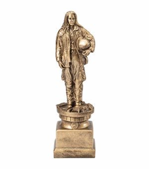 13 INCH ANTIQUE GOLD FEMALE FIREFIGHTER RESIN TROPHY