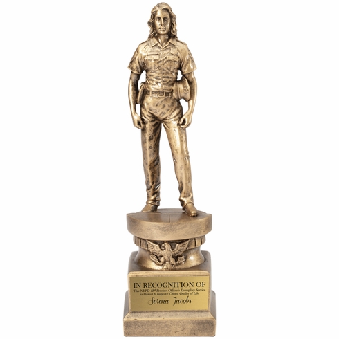 13 INCH ANTIQUE GOLD FEMALE POLICE OFFICER RESIN TROPHY