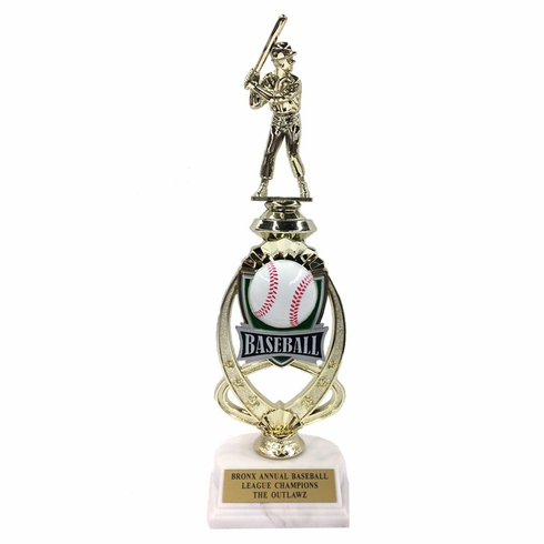 13 INCH BASEBALL TROPHY RISER WITH FIGURE ON MARBLE BASE