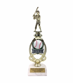 13 INCH BASEBALL TROPHY RISER WITH FIGURE ON MARBLE BASE