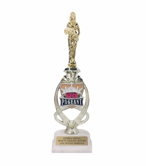 13 INCH BEAUTY PAGEANT TROPHY RISER WITH FIGURE ON MARBLE BASE