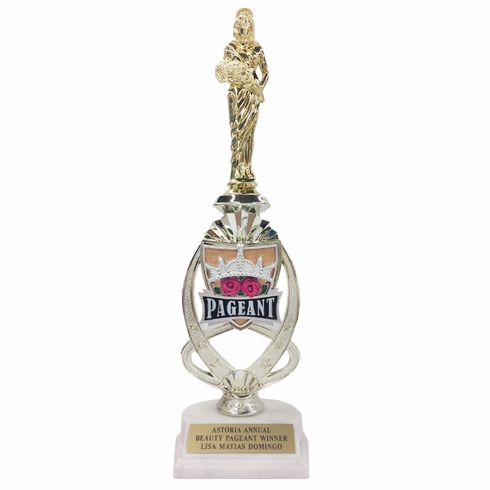 13 INCH BEAUTY PAGEANT TROPHY RISER WITH FIGURE ON MARBLE BASE