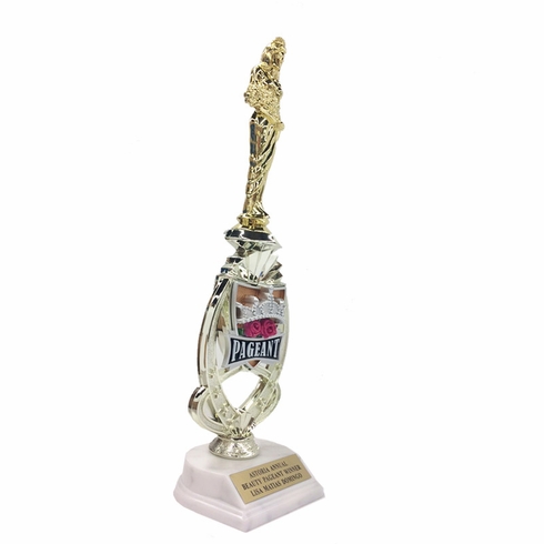 13 INCH BEAUTY PAGEANT TROPHY RISER WITH FIGURE ON MARBLE BASE
