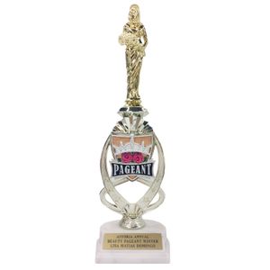 13 INCH BEAUTY PAGEANT TROPHY RISER WITH FIGURE ON MARBLE BASE