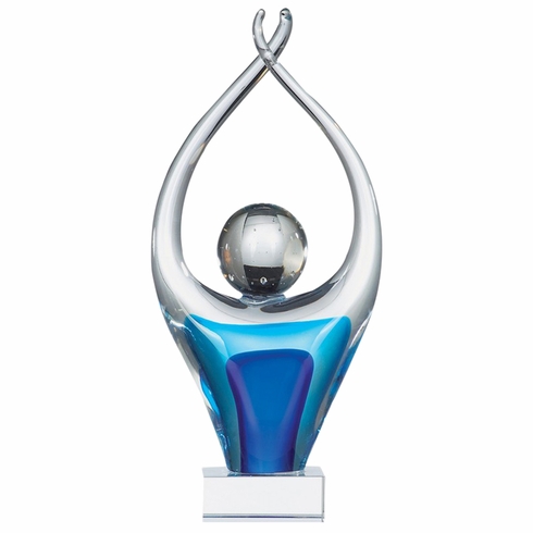 13 INCH BLUE BLOWN GLASS FIGURE AWARD ON A CRYSTAL BASE