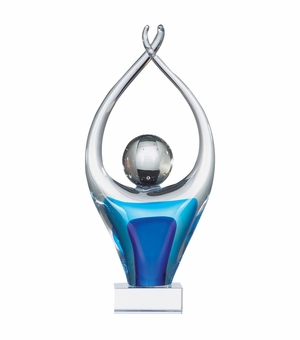 13 INCH BLUE BLOWN GLASS FIGURE AWARD ON A CRYSTAL BASE