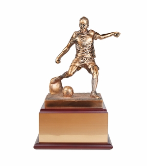 13 INCH ELECTROPLATED ANTIQUE BRONZE MALE FIGURE SOCCER TROPHY