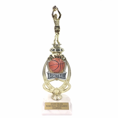 13 INCH FEMALE BASKETBALL TROPHY RISER WITH FIGURE ON MARBLE BASE