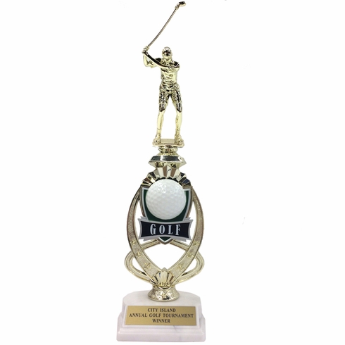 13 INCH FEMALE GOLF TROPHY RISER WITH FIGURE ON MARBLE BASE