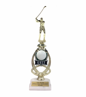 13 INCH FEMALE GOLF TROPHY RISER WITH FIGURE ON MARBLE BASE