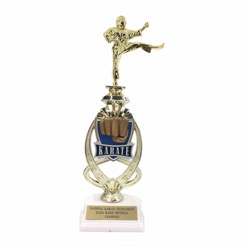 13 INCH FEMALE KARATE TROPHY RISER WITH FIGURE ON MARBLE BASE