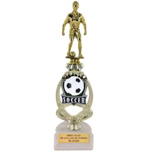 13 INCH FEMALE SOCCER TROPHY RISER WITH FIGURE ON MARBLE BASE