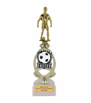 13 INCH FEMALE SOCCER TROPHY RISER WITH FIGURE ON MARBLE BASE