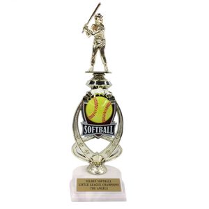 13 INCH FEMALE SOFTBALL TROPHY RISER WITH FIGURE ON MARBLE BASE