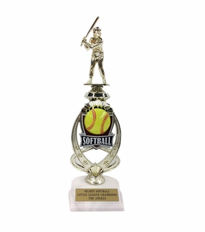 13 INCH FEMALE SOFTBALL TROPHY RISER WITH FIGURE ON MARBLE BASE