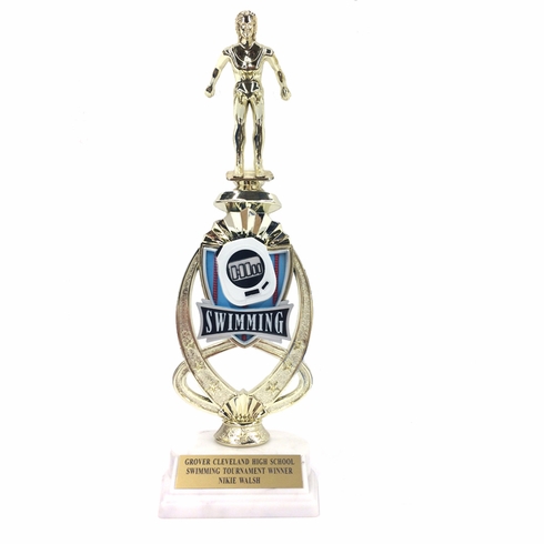 13 INCH FEMALE SWIMMER TROPHY RISER WITH FIGURE ON MARBLE BASE