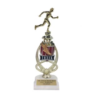 13 INCH FEMALE TRACK TROPHY RISER WITH FIGURE ON MARBLE BASE