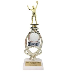 13 INCH FEMALE VOLLEYBALL TROPHY RISER WITH FIGURE ON MARBLE BASE