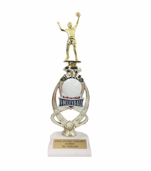  13 INCH FEMALE VOLLEYBALL TROPHY RISER WITH FIGURE ON MARBLE BASE