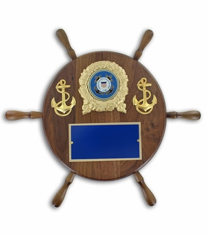 13 INCH GENUINE WALNUT COAST GUARD WHEEL SHIP PLAQUE