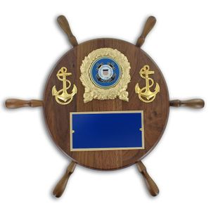 13 INCH GENUINE WALNUT COAST GUARD WHEEL SHIP PLAQUE