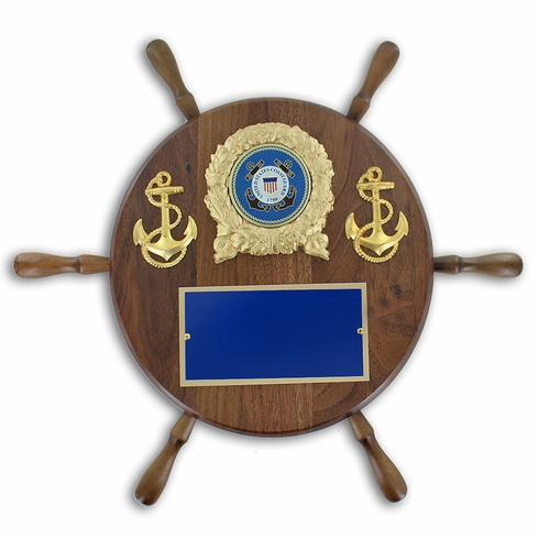 13 INCH GENUINE WALNUT COAST GUARD WHEEL SHIP PLAQUE