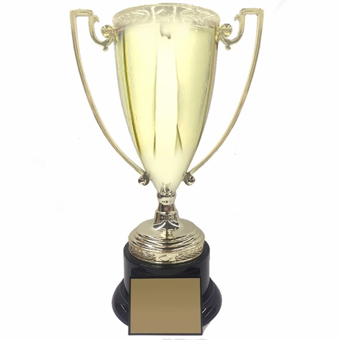 13 INCH HEIGHT DIE CAST METAL GOLD CUP TROPHY ON BLACK BASE