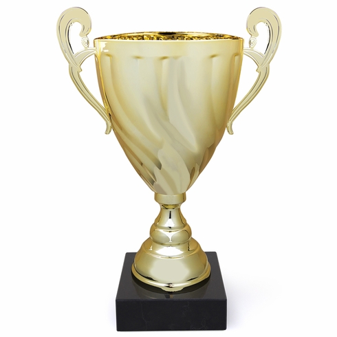 13 INCH ITALIAN GOLD TROPHY CUP WITH SWIRL PATTERN ON A BLACK MARBLE BASE