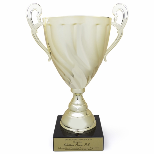 13 INCH ITALIAN GOLD TROPHY CUP WITH SWIRL PATTERN ON A BLACK MARBLE BASE