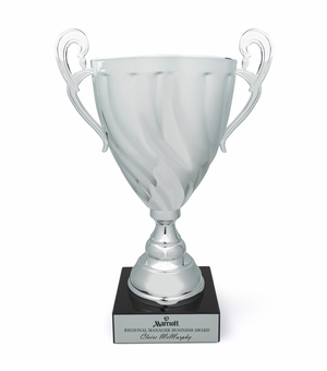 13 INCH ITALIAN SILVER TROPHY CUP SWIRL PATTERN ON BLACK MARBLE BASE