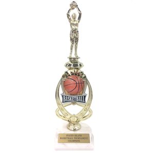 13 INCH MALE BASKETBALL TROPHY RISER WITH FIGURE ON MARBLE BASE