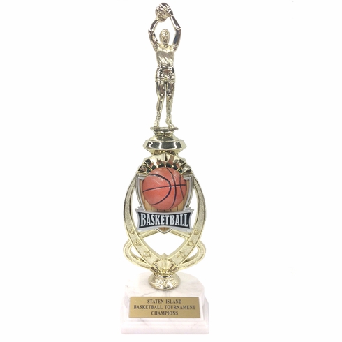 13 INCH MALE BASKETBALL TROPHY RISER WITH FIGURE ON MARBLE BASE