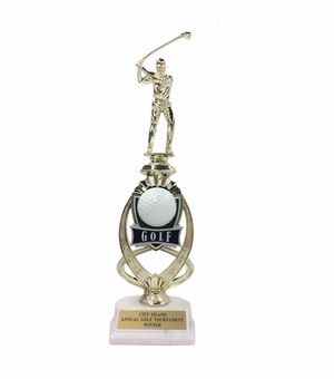 13 INCH MALE GOLF TROPHY RISER WITH FIGURE ON MARBLE BASE