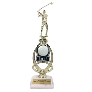 13 INCH MALE GOLF TROPHY RISER WITH FIGURE ON MARBLE BASE