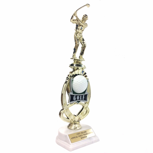 13 INCH MALE GOLF TROPHY RISER WITH FIGURE ON MARBLE BASE