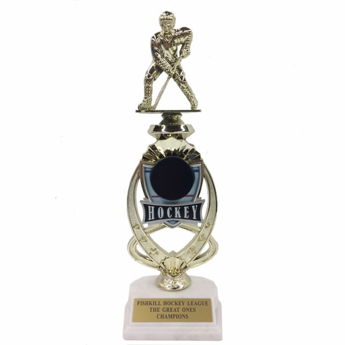 13 INCH MALE HOCKEY TROPHY RISER WITH FIGURE ON MARBLE BASE