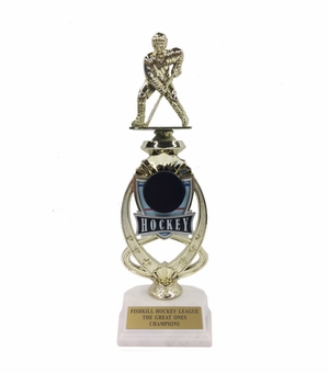 13 INCH MALE HOCKEY TROPHY RISER WITH FIGURE ON MARBLE BASE