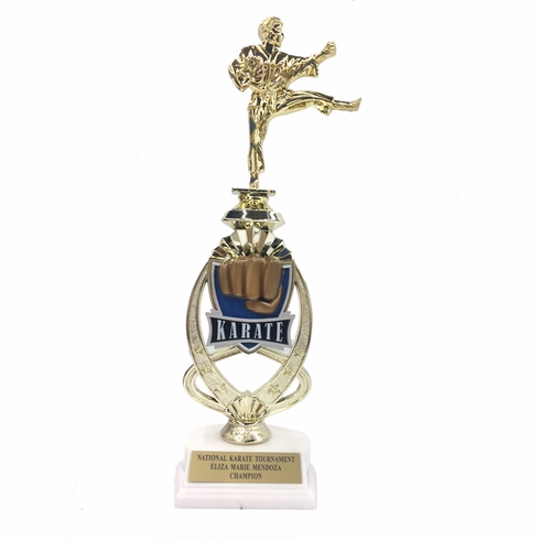 13 INCH MALE KARATE TROPHY RISER WITH FIGURE ON MARBLE BASE