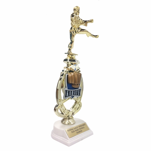 13 INCH MALE KARATE TROPHY RISER WITH FIGURE ON MARBLE BASE