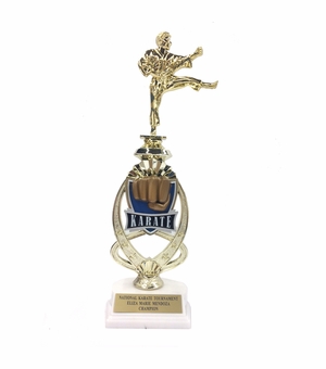 13 INCH MALE KARATE TROPHY RISER WITH FIGURE ON MARBLE BASE