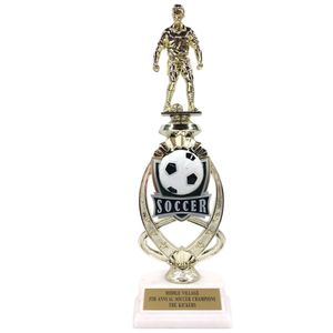 13 INCH MALE SOCCER TROPHY RISER WITH FIGURE ON MARBLE BASE