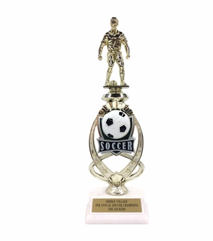 13 INCH MALE SOCCER TROPHY RISER WITH FIGURE ON MARBLE BASE