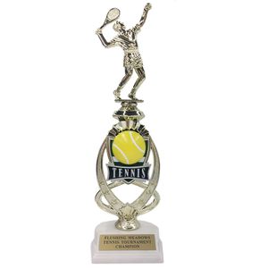 13 INCH MALE TENNISTROPHY RISER WITH FIGURE ON MARBLE BASE